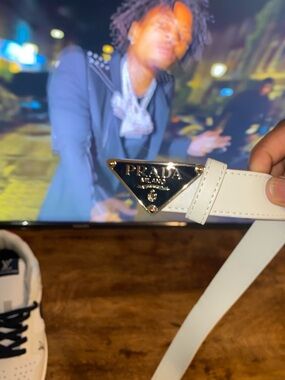 Prada White Leather Belt with Gold Triangle Logo Plaque